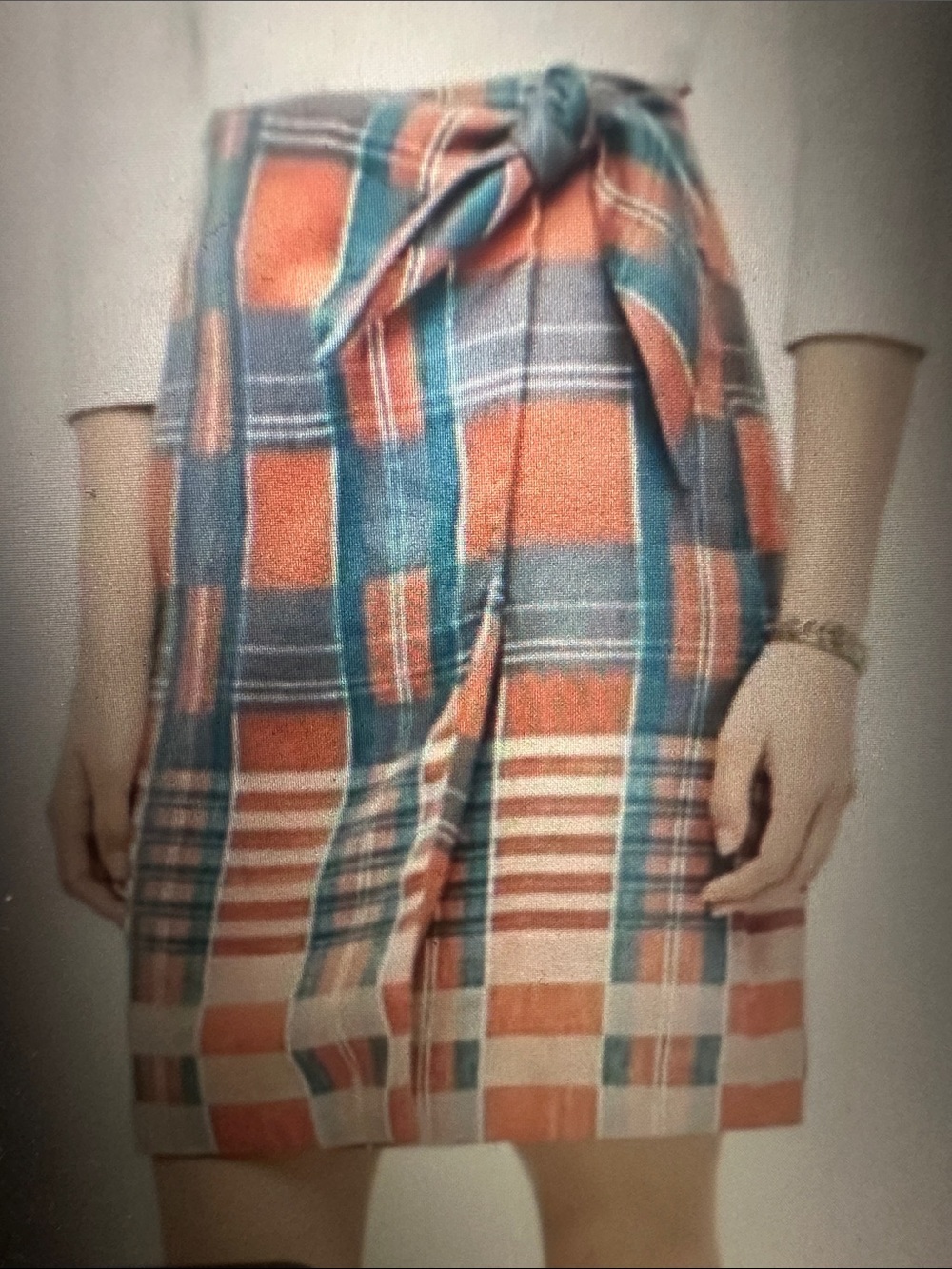 Ann Taylor Plaid Linen Tie-Waist Skirt in Coral and Teal, size 12